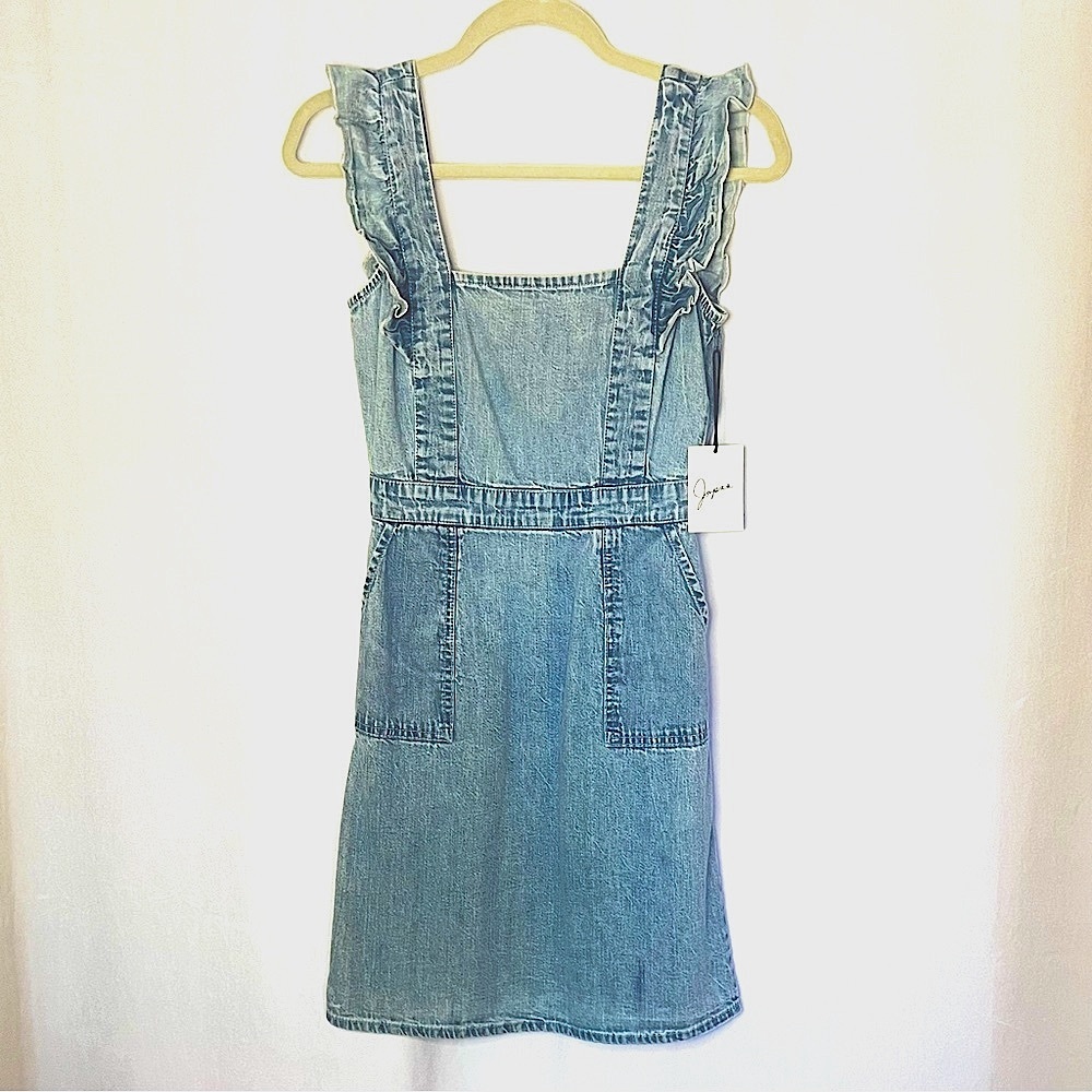 NWT Japna Blue Denim Chambray Smocked Apron-Style Ruffle Tank Dress & Pockets
